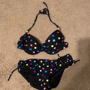 Tahiti Colorful Polka Dot Bikini. Black rainbow size L.